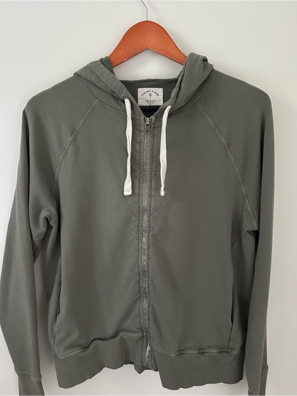 Electric & Rose Olive Green Zip Hoodie with White Drawstrings